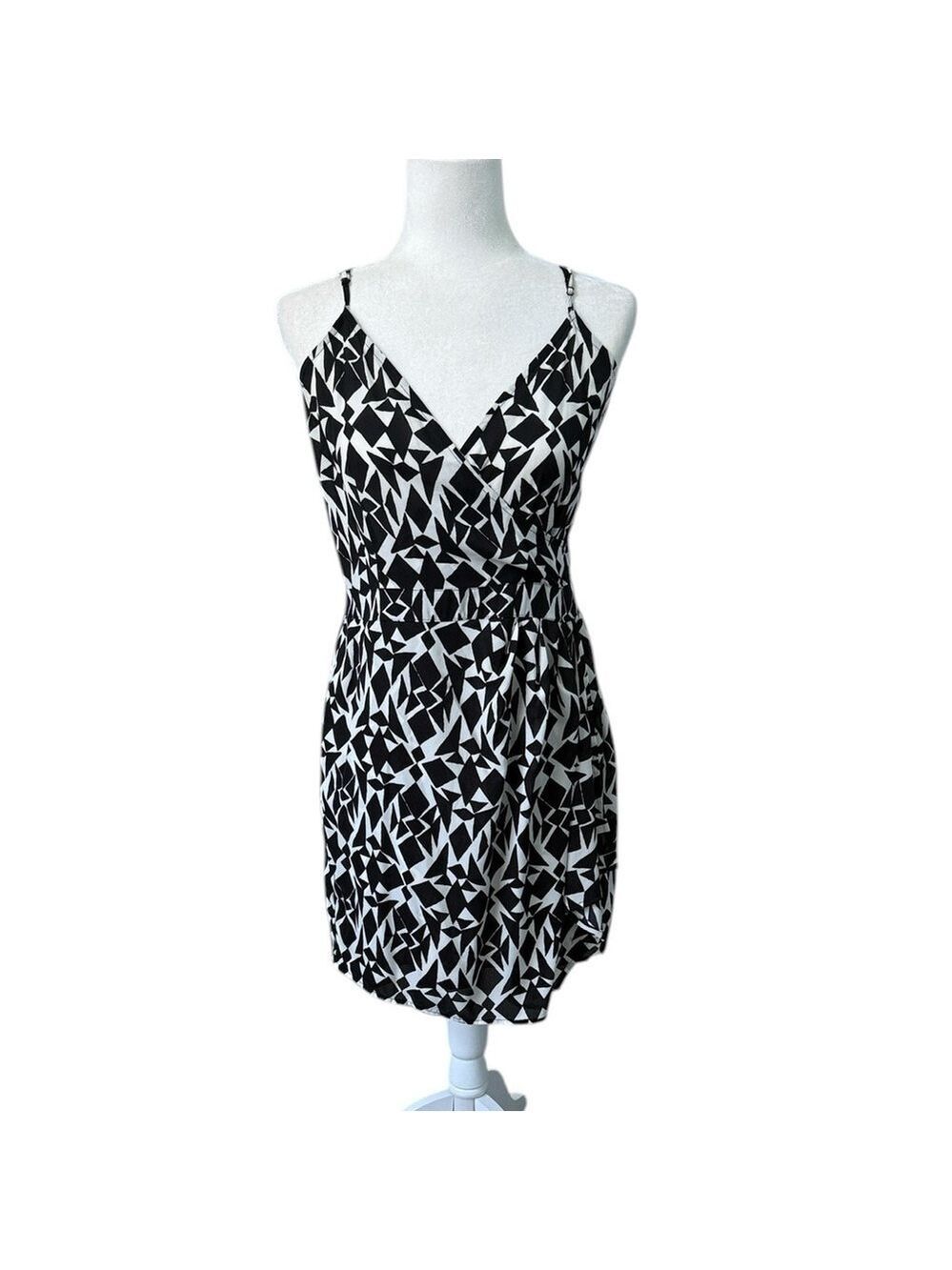 Aqua Faux Wrap Dress Black and White Geometric Pattern Size Medium